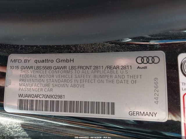 45884502 :رقم المزاد ، WUAW2AFC7GN902981 vin ، 2016 Audi Rs 7 Prestige مزاد بيع
