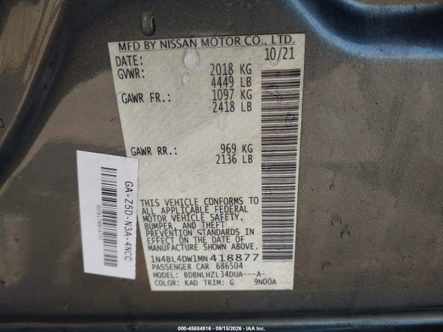 2021 Nissan Altima Sv Intelligent Awd მანქანა იყიდება აუქციონზე, vin: 1N4BL4DW1MN418877, აუქციონის ნომერი: 45884516