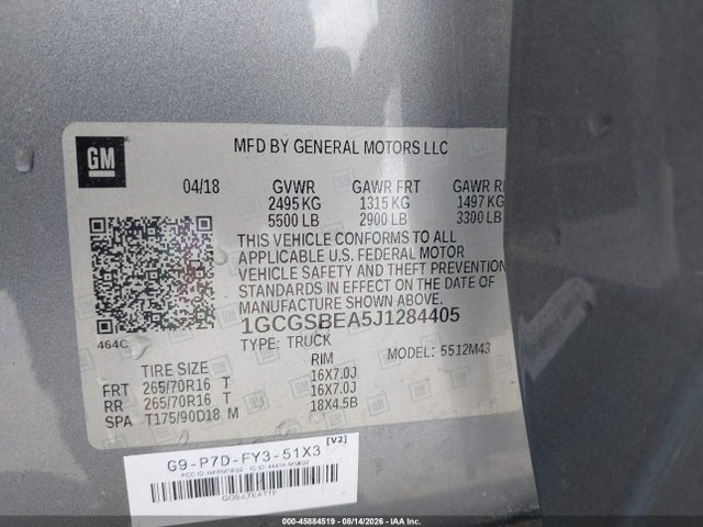 Aukcja sprzedaży 2018 Chevrolet Colorado Wt, vin: 1GCGSBEA5J1284405, numer aukcji: 45884519