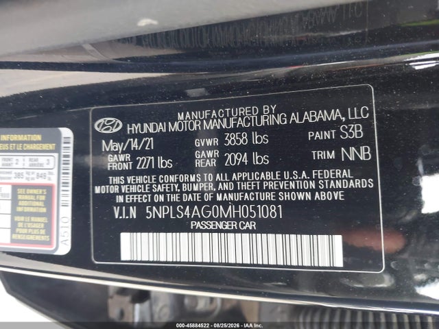 Aukcja sprzedaży 2021 Hyundai Elantra Sel, vin: 5NPLS4AG0MH051081, numer aukcji: 45884522