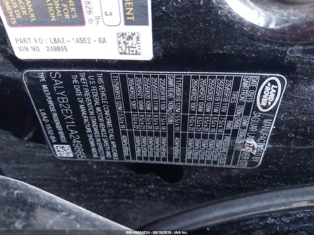 Aukcja sprzedaży 2020 Land Rover Range Rover Velar P250 S, vin: SALYB2EX1LA249865, numer aukcji: 45884524