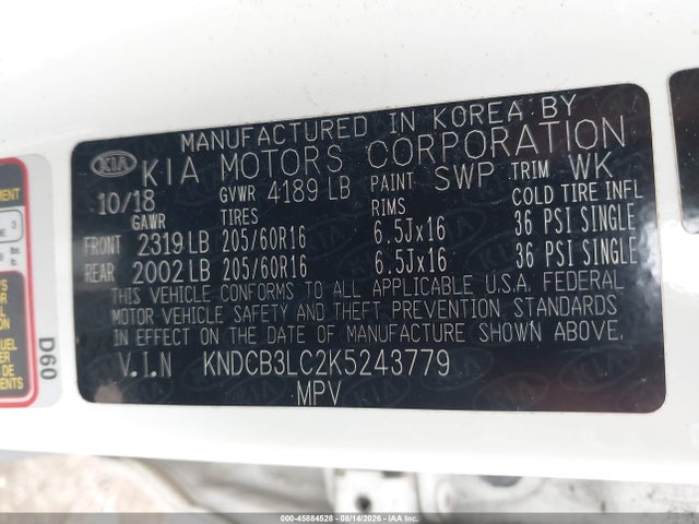 Aukcja sprzedaży 2019 Kia Niro Lx, vin: KNDCB3LC2K5243779, numer aukcji: 45884528
