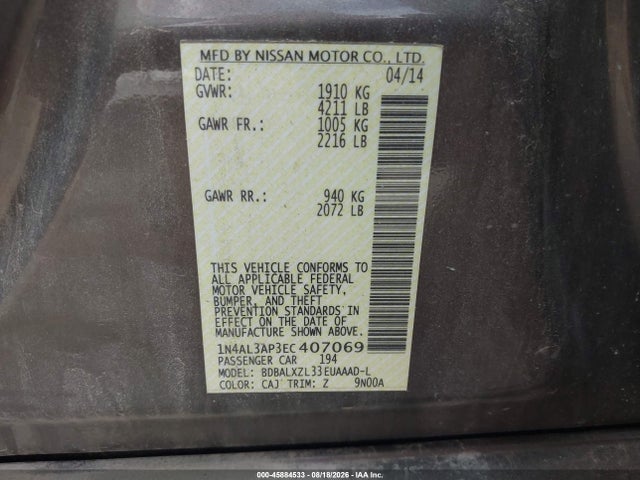 Продаж на аукціоні авто 2014 Nissan Altima 2.5 Sl, vin: 1N4AL3AP3EC407069, номер лоту: 45884533