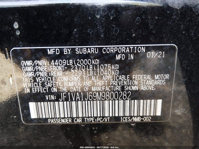 2021 Subaru Wrx Limited მანქანა იყიდება აუქციონზე, vin: JF1VA1J69M9800282, აუქციონის ნომერი: 45884543