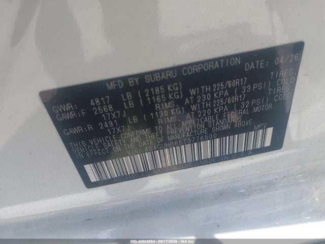 45884554 :رقم المزاد ، 4S4GUHB65T3776500 vin ، 2026 Subaru Crosstrek مزاد بيع