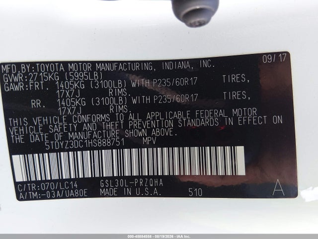 45884558 :رقم المزاد ، 5TDYZ3DC1HS888751 vin ، 2017 Toyota Sienna Xle 8 Passenger مزاد بيع