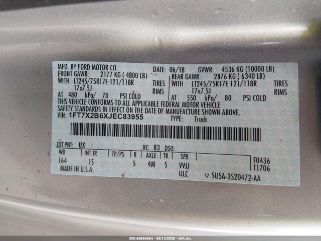 2018 Ford F-250 Xl მანქანა იყიდება აუქციონზე, vin: 1FT7X2B6XJEC83955, აუქციონის ნომერი: 45884564