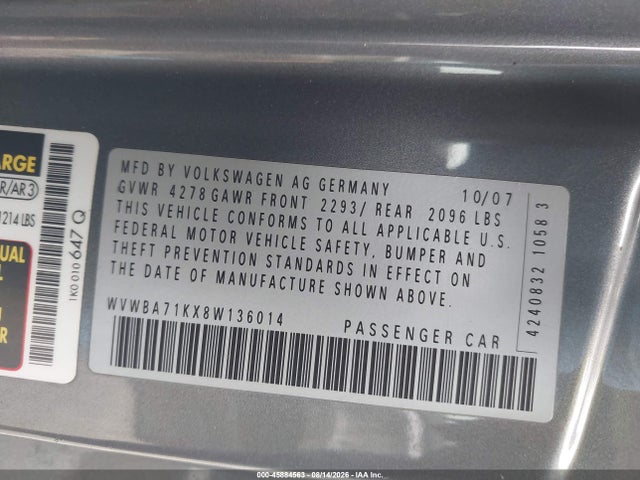 45884563 :رقم المزاد ، WVWBA71KX8W136014 vin ، 2008 Volkswagen Rabbit S مزاد بيع
