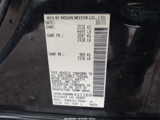 Продажа на аукционе авто 2021 Nissan Altima Sv Intelligent Awd, vin: 1N4BL4DW6MN417269, номер лота: 45884569