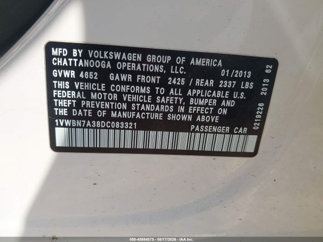 45884575 :رقم المزاد ، 1VWBN7A38DC083321 vin ، 2013 Volkswagen Passat 2.0l Tdi Se مزاد بيع