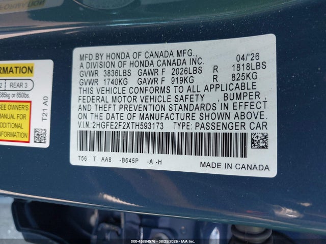 Honda Civic Lx 2026 2HGFE2F2XTH593173 Image 9