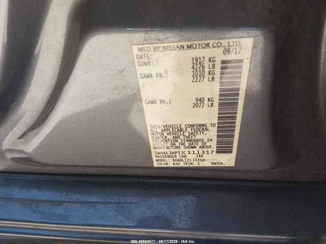 2018 Nissan Altima 2.5 Sv მანქანა იყიდება აუქციონზე, vin: 1N4AL3AP3JC111317, აუქციონის ნომერი: 45884577