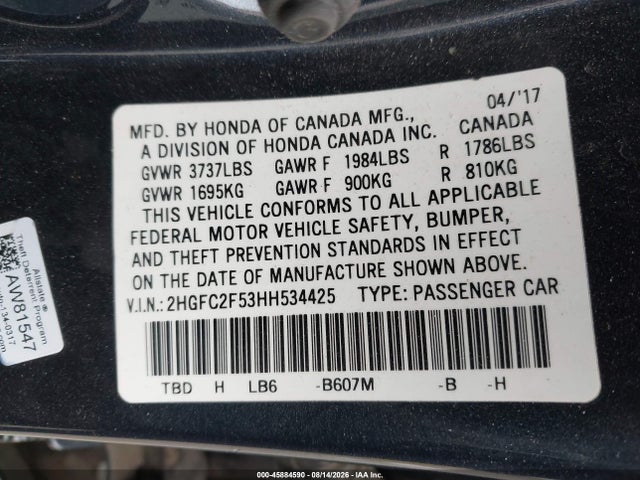 Honda Civic Lx 2017 2HGFC2F53HH534425 Image 9
