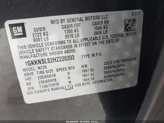 45884596 :رقم المزاد ، 1GKKNSLS2HZ226393 vin ، 2017 Gmc Acadia Sle-2 مزاد بيع
