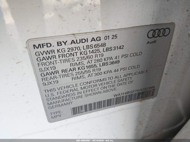 45884597 :رقم المزاد ، WA114BGF7SA032966 vin ، 2025 Audi Q6 E-tron Premium Quattro مزاد بيع