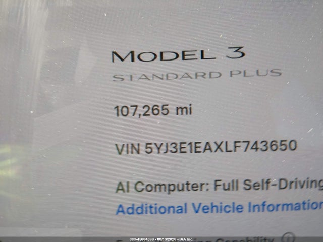 Aukcja sprzedaży 2020 Tesla Model 3 Standard Range Plus Rear-wheel Drive/standard Range Rear-wheel Drive, vin: 5YJ3E1EAXLF743650, numer aukcji: 45884599