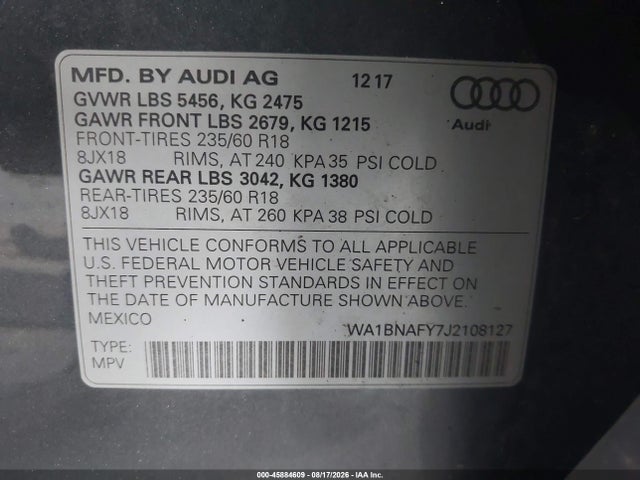 Продажа на аукционе авто 2018 Audi Q5 2.0t Premium/2.0t Tech Premium, vin: WA1BNAFY7J2108127, номер лота: 45884609