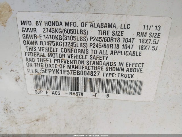 Продажа на аукционе авто 2014 Honda Ridgeline Rtl, vin: 5FPYK1F57EB004827, номер лота: 45884610