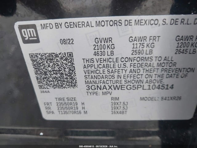 45884615 :رقم المزاد ، 3GNAXWEG5PL104514 vin ، 2023 Chevrolet Equinox Awd Rs مزاد بيع
