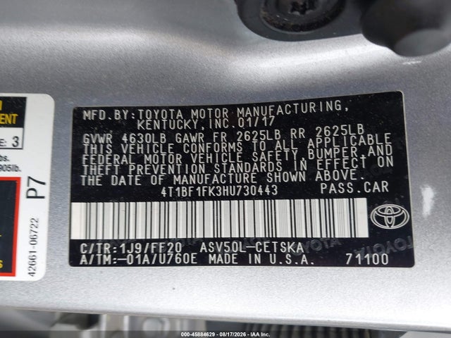 45884629 :رقم المزاد ، 4T1BF1FK3HU730443 vin ، 2017 Toyota Camry Se مزاد بيع
