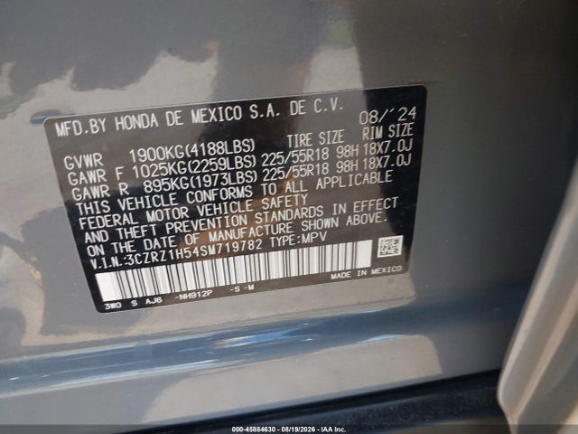 45884630 :رقم المزاد ، 3CZRZ1H54SM719782 vin ، 2025 Honda Hr-v 2wd Sport مزاد بيع