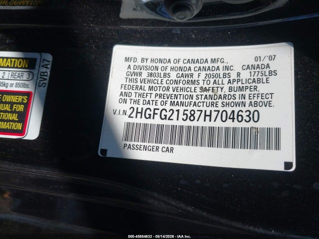 45884632 :رقم المزاد ، 2HGFG21587H704630 vin ، 2007 Honda Civic Si مزاد بيع