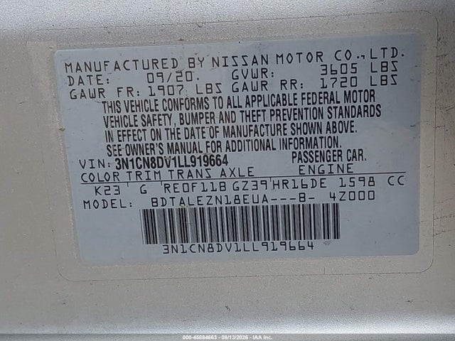 Aukcja sprzedaży 2020 Nissan Versa S Xtronic Cvt, vin: 3N1CN8DV1LL919664, numer aukcji: 45884663