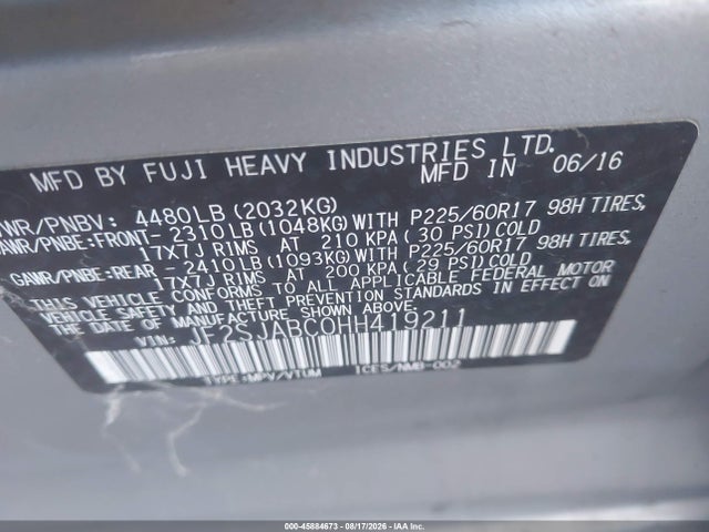 Aukcja sprzedaży 2017 Subaru Forester 2.5i, vin: JF2SJABC0HH419211, numer aukcji: 45884673