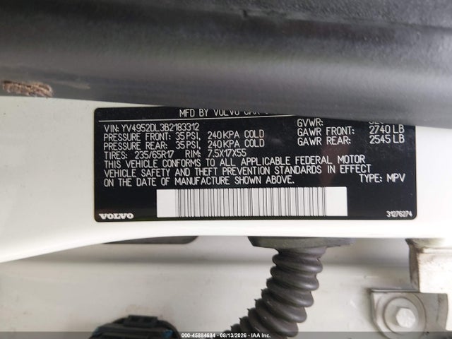 45884684 :رقم المزاد ، YV4952DL3B2183312 vin ، 2011 Volvo Xc60 3.2 مزاد بيع