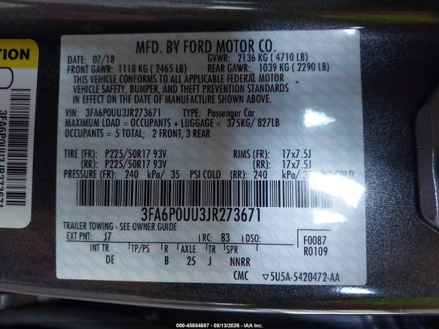 Продажа на аукционе авто 2018 Ford Fusion Hybrid S, vin: 3FA6P0UU3JR273671, номер лота: 45884697