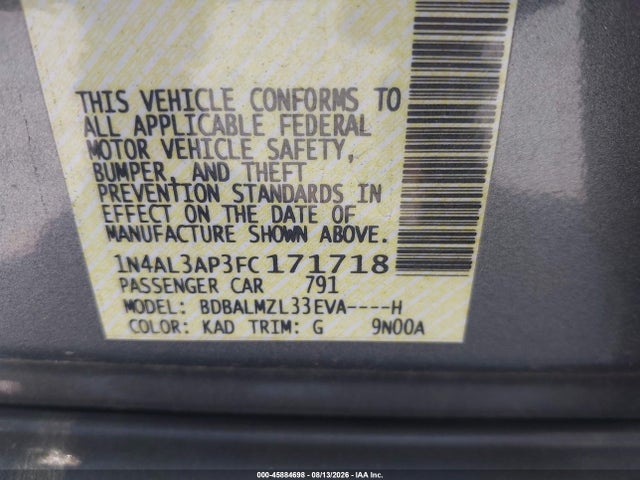 Auction sale of the 2015 Nissan Altima 2.5 Sv, vin: 1N4AL3AP3FC171718, lot number: 45884698