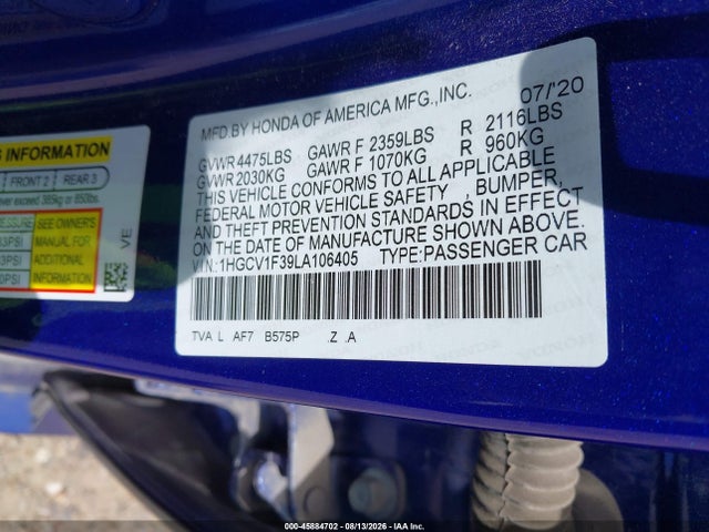 Aukcja sprzedaży 2020 Honda Accord Sport, vin: 1HGCV1F39LA106405, numer aukcji: 45884702