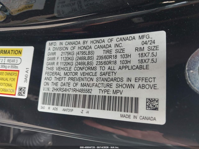 45884725 :رقم المزاد ، 2HKRS4H71RH485582 vin ، 2024 Honda Cr-v Ex-l Awd مزاد بيع