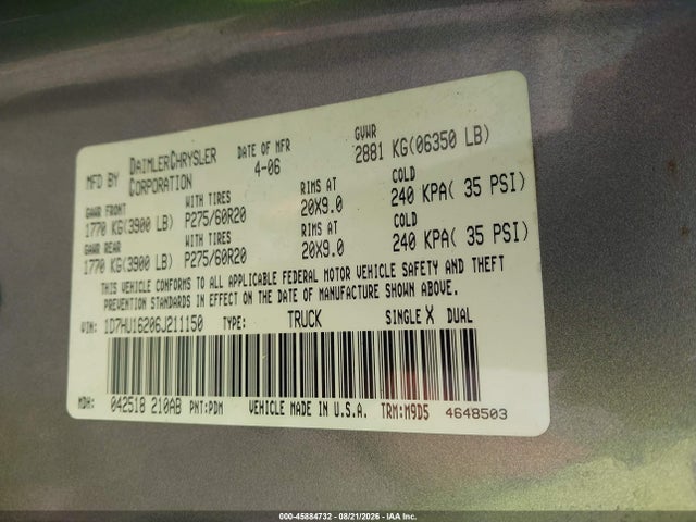 2006 Dodge Ram 1500 Slt/trx4 Off Road/sport მანქანა იყიდება აუქციონზე, vin: 1D7HU16206J211150, აუქციონის ნომერი: 45884732