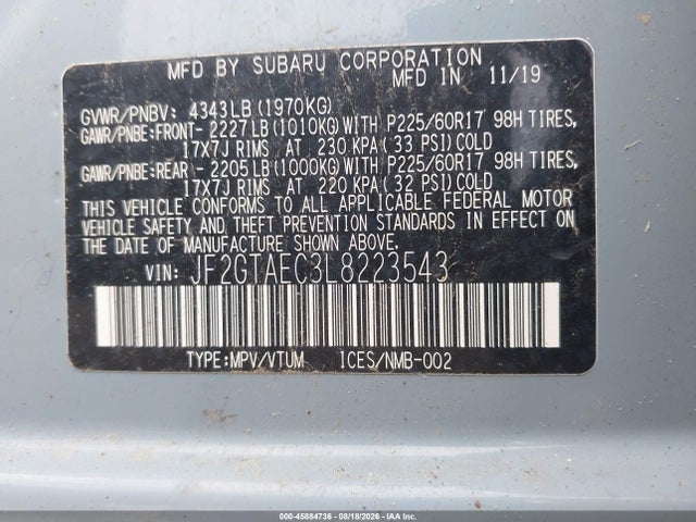 Aukcja sprzedaży 2020 Subaru Crosstrek Premium, vin: JF2GTAEC3L8223543, numer aukcji: 45884736