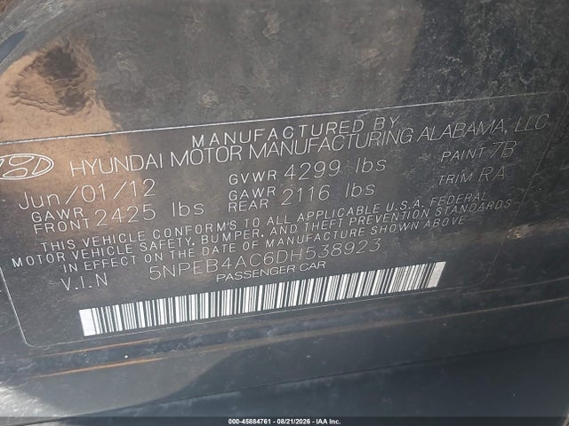 2013 Hyundai Sonata Gls მანქანა იყიდება აუქციონზე, vin: 5NPEB4AC6DH538923, აუქციონის ნომერი: 45884761