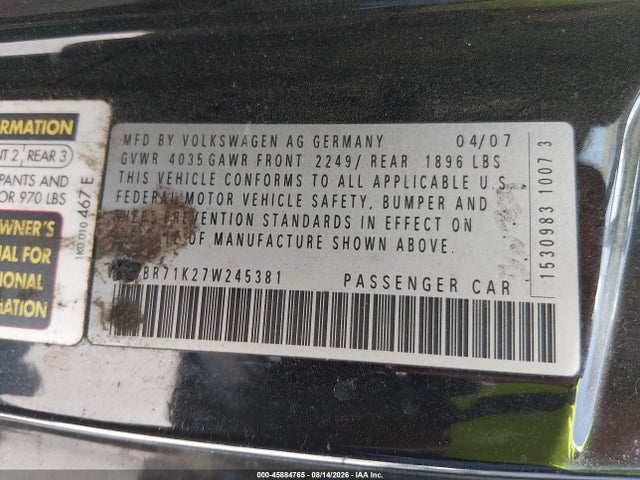 Aukcja sprzedaży 2007 Volkswagen Rabbit 2-door (a6), vin: WVWBR71K27W245381, numer aukcji: 45884765