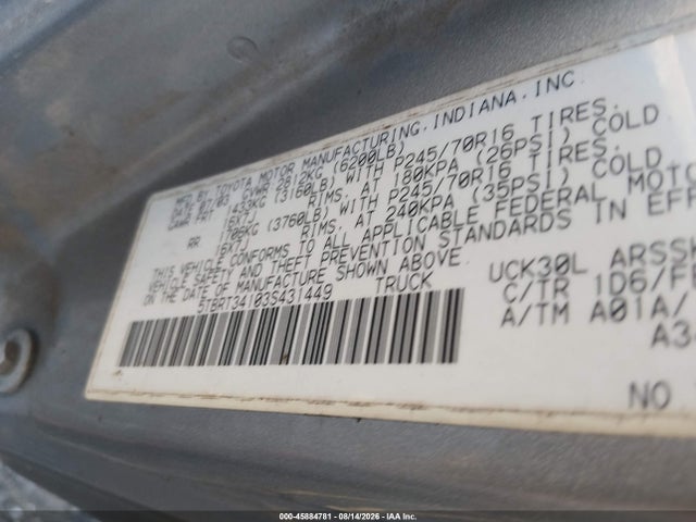 2003 Toyota Tundra Sr5 V8 მანქანა იყიდება აუქციონზე, vin: 5TBRT34103S431449, აუქციონის ნომერი: 45884781