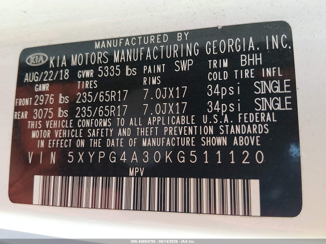 KIA Sorento 2.4l Lx 2019 5XYPG4A30KG511120 Image 9
