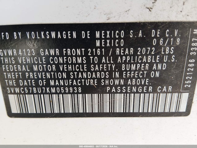 45884803 :رقم المزاد ، 3VWC57BU7KM059938 vin ، 2019 Volkswagen Jetta 1.4t R-line/1.4t S/1.4t Se مزاد بيع