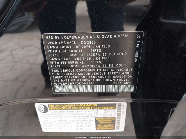 Продажа на аукционе авто 2013 Volkswagen Touareg Tdi Sport, vin: WVGEP9BP1DD002981, номер лота: 45884817