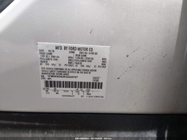 Продажа на аукционе авто 2019 Ford Explorer Xlt, vin: 1FM5K8D82KGA20707, номер лота: 45884821