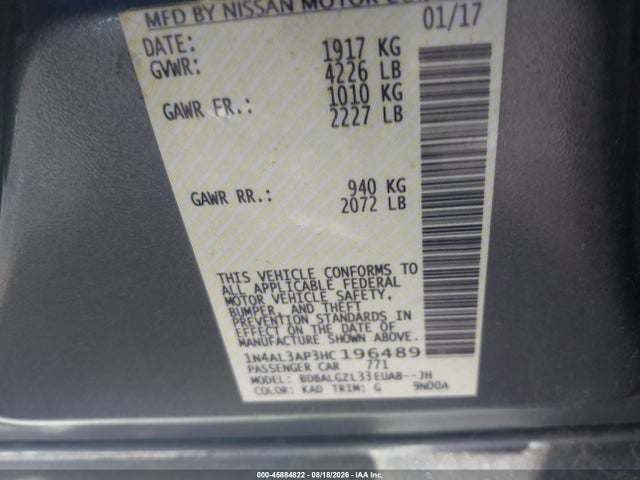 45884822 :رقم المزاد ، 1N4AL3AP3HC196489 vin ، 2017 Nissan Altima 2.5 S مزاد بيع