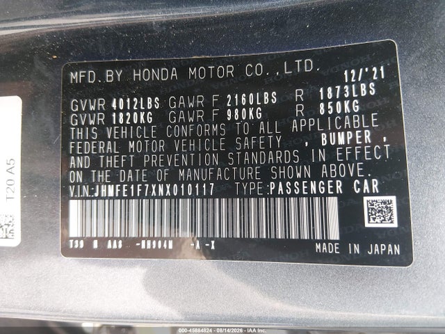 Aukcja sprzedaży 2022 Honda Civic Ex, vin: JHMFE1F7XNX010117, numer aukcji: 45884824
