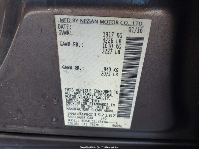 2016 Nissan Altima 2.5 Sv მანქანა იყიდება აუქციონზე, vin: 1N4AL3AP8GC157167, აუქციონის ნომერი: 45884851