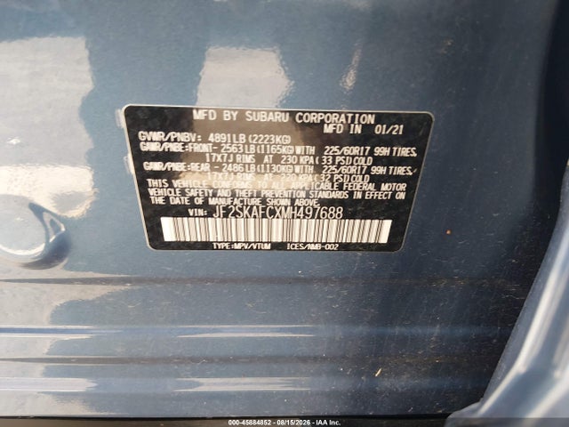 Продаж на аукціоні авто 2021 Subaru Forester Premium, vin: JF2SKAFCXMH497688, номер лоту: 45884852