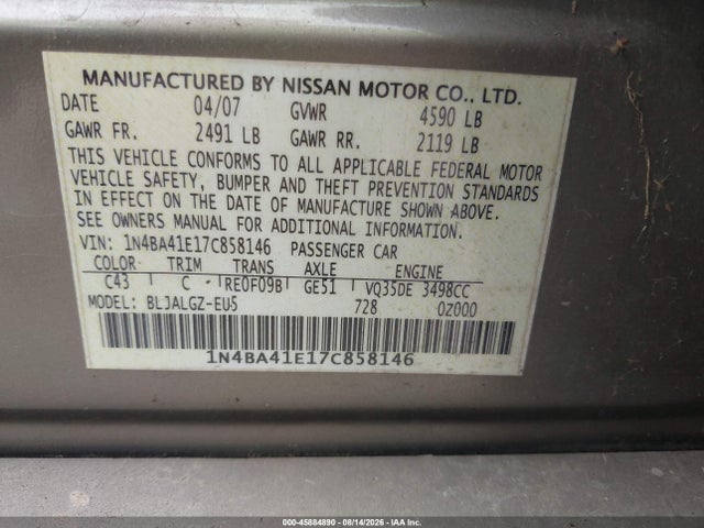 Aukcja sprzedaży 2007 Nissan Maxima 3.5 Sl, vin: 1N4BA41E17C858146, numer aukcji: 45884890