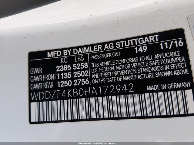 Aukcja sprzedaży 2017 Mercedes-benz E 300 4matic, vin: WDDZF4KB0HA172942, numer aukcji: 45884893
