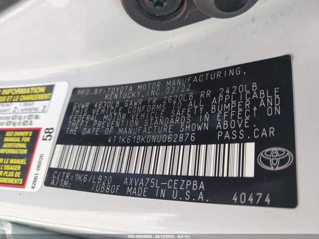 Продажа на аукционе авто 2022 Toyota Camry Xse Awd, vin: 4T1K61BK0NU062876, номер лота: 45884894