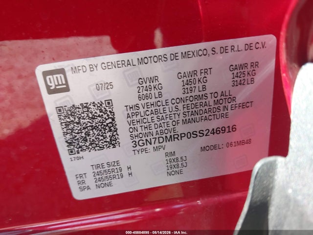 45884895 :رقم المزاد ، 3GN7DMRP0SS246916 vin ، 2025 Chevrolet Equinox Ev Lt 1 مزاد بيع